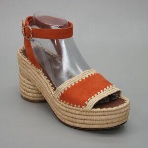 Tory Burch Ladies 9.5 Orange Nubuck Jute Platform Heels Shoes Slingback Sandals